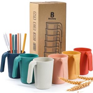 Wheat Straw Coffee Mugs 6-Pack Unbreakable & Lightweight Cups, 12oz Stackable Cups with 6 Detachable Straws & 2 Cleaning Brushes (Colorful, 12, Fluid Ounces)