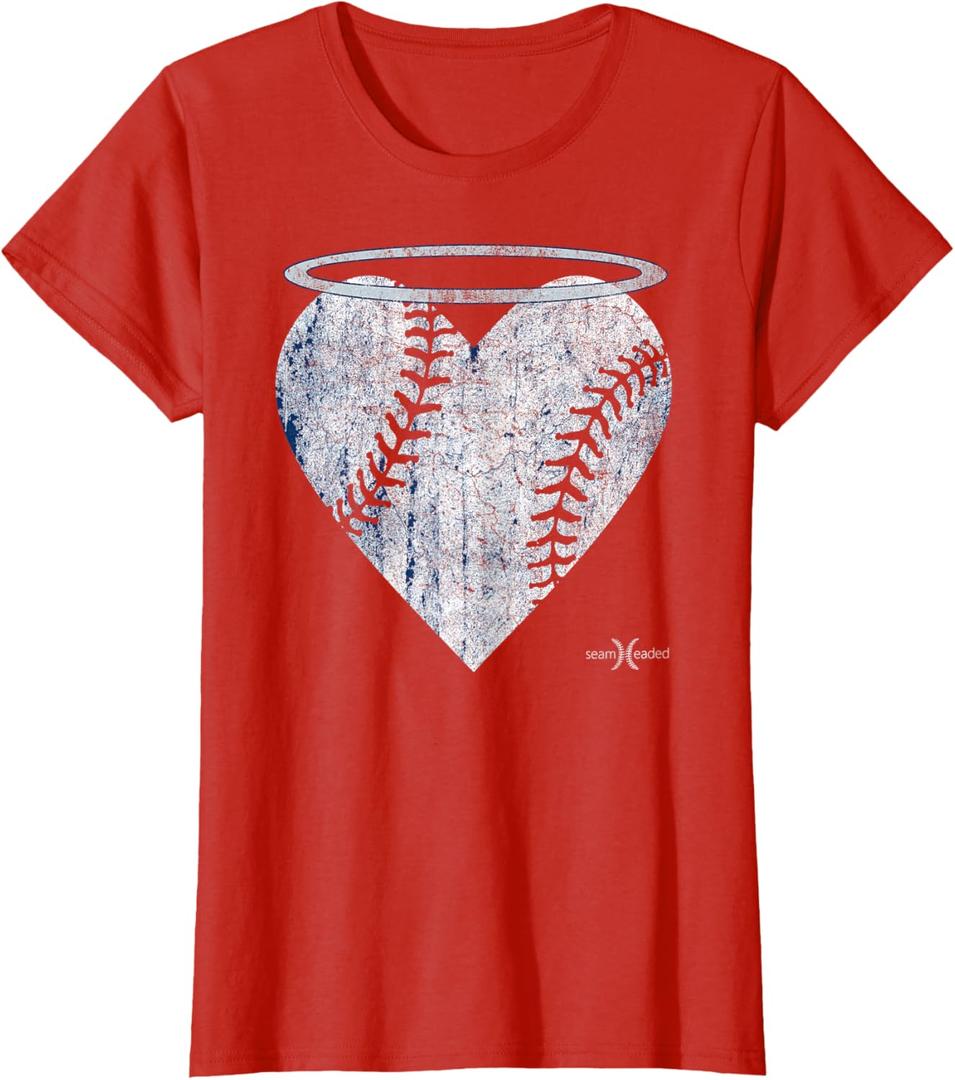 Vintage Angel Baseball Heart with Halo T-Shirt (X-Small, Red)
