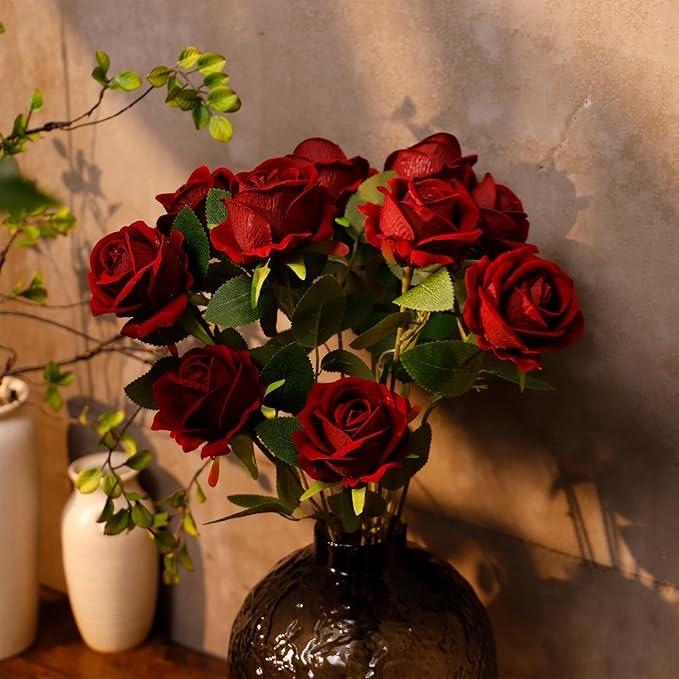 Solivya 6Pcs Artificial Rose Flowers, Dark Red Silk Roses with Long Stems, Realistic Fake Roses for Wedding Centerpiece Party Home and Office DIY Decor