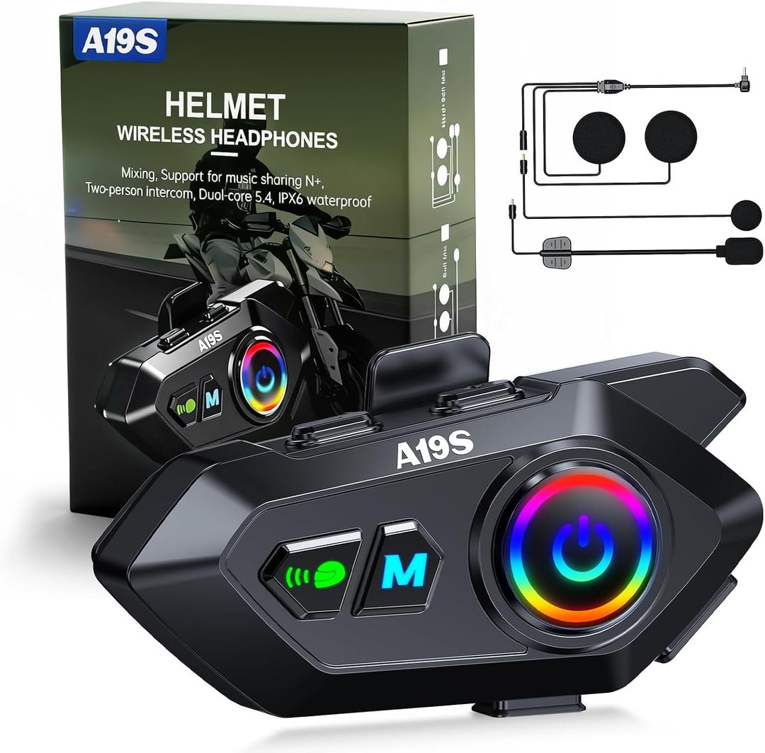 A19S Motorcycle Helmet Bluetooth Headset,2-Way 1KM Intercom,DSP Noise Cancellation,IPX7 Waterproof,BT5.4 Helmet Headphone,Music Sharing Dual Phone Connect for Harley/Dirt Bike/ATV/Snowmobile