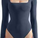 SUUKSESS Women Square Neck Long Sleeve Bodysuit Sexy Thong Bodysuit Shirts (01 Navy) XL