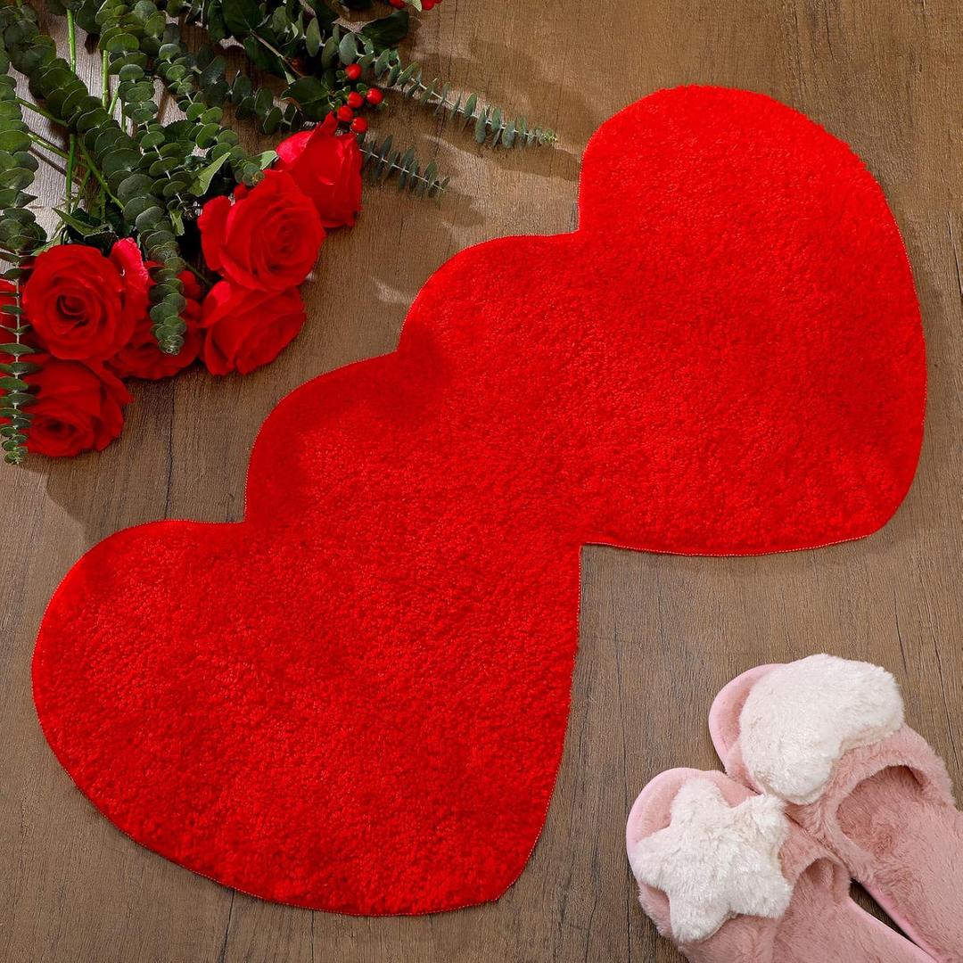 Hoolerry Valentines Heart Rug Double Heart Shaped Bathroom Rug Decorative Non Slip Doormat Washable Love Shag Shower Mat Home Bedroom Living Room 15.75 x 31.5 Inch(Red)