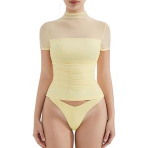 SUUKSESS Women Sexy Mesh Sheer Short Sleeve Tops Mock Neck Ruched Going Out Shirts (Medium, Pale Yellow)
