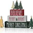 Smile 6 Pcs Christmas Indoor Decoration, Wooden Signs Tabletop Decor, Believe Merry Bright Xmas Trees, Tiered Tray Decor Ornaments for Home Shelf Mantel Fireplace