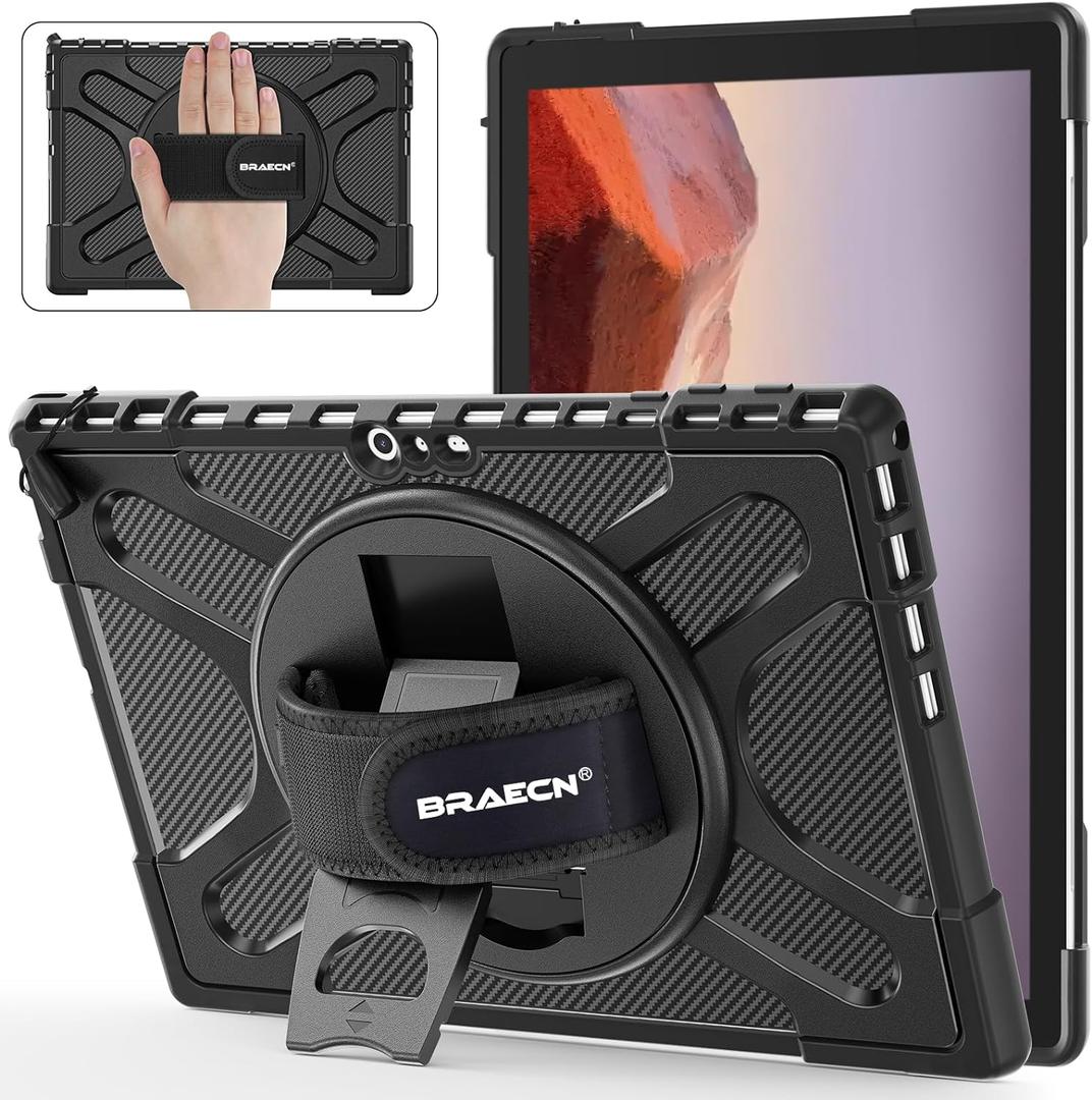 BRAECNstock for Microsoft Surface Pro 7+ Plus/ 7/6/ 5/4 Case 12.3 inch, Shockproof Rugged Protective Cover with Hand Strap+Stand, Pencil Holde, Compatible with Type Cover Keyboard, Black