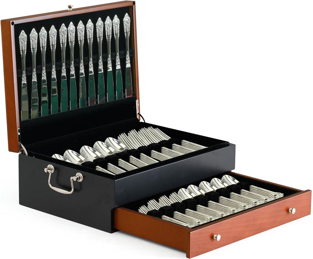 Silverware Storage Box Silverware Chest Case for Silver Flatware with Lid Tarnish Proof Felt Lined Partition and Drawer Holds Service for 14 Includes Polishing Cloth (2 Tier)