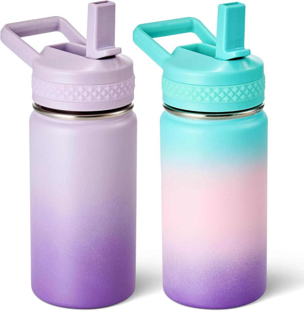Fijinhom 12 oz Toddler Bottle, 2 Pack Kids Water Bottle for School Boys & Girls with Straws Lids, 304 Stainless Steel Vacuum Insulated Thermos, BPA-Free, Aurora + Gradient Purple