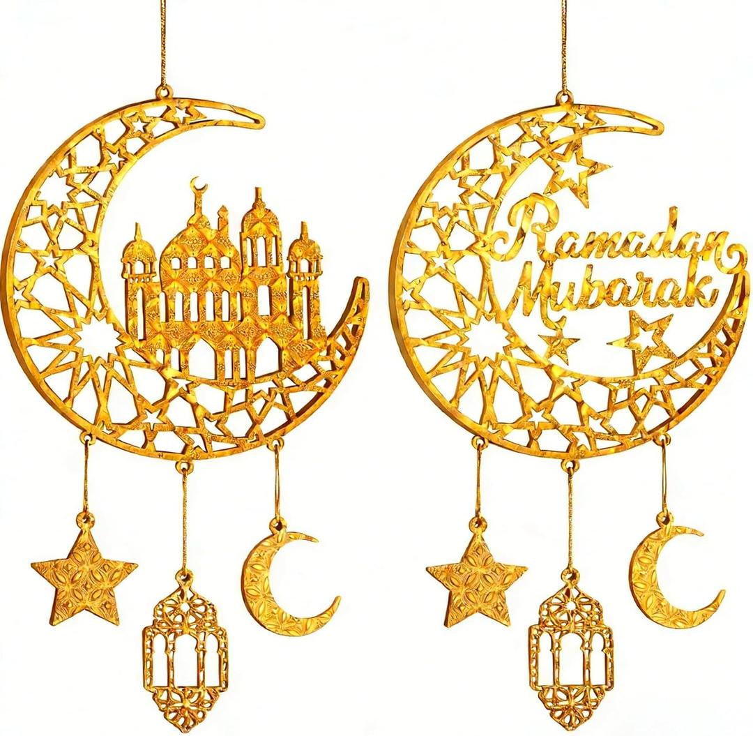 iLifemate Ramadan Decorations, Ramadan Mubarak Moon & Mosque Wooden Hanging Decorations – Gold Crescent Moon & Star Decor, Eid Ramadan Decorations for Home Party Door Windows, Ramadan Wall Art Sign