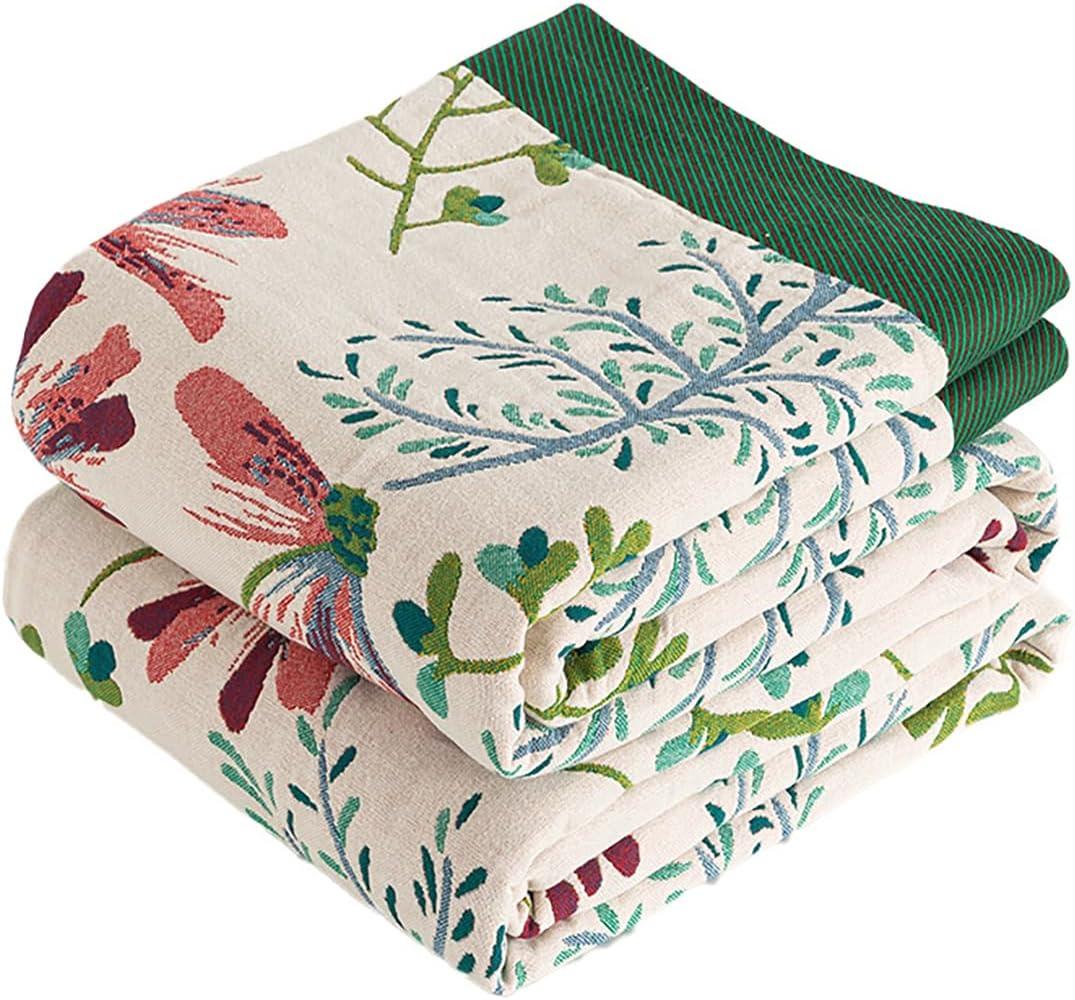 Boho Throw Blanket, 100% Organic Cotton Breathable Ultra Soft 60" x 80" Bed Quilt Throw - All Season Floral Rustic Farmhouse Decor Luxury Reversible Blanket for Sofa Couch Chair and Gift (Flower-green)