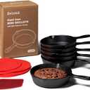 KUHA Mini Cast Iron Skillets 4' (Pack of 6) - Black Non Stick Frying Pans with 6 Small Silicone Trivets and Scraper - Set of Miniature Skillets, Small Frying Pan Skillet with Lid