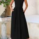 PRETTYGARDEN Women's 2025 Summer Casual Long Dresses Cap Sleeve Patchwork A Line Flowy Modest Elegant Homecoming Maxi Dress (Black, XL)