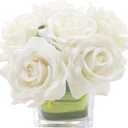 Fule Artificial Velvet Rose Flower Centerpiece Arrangement in vase for Home Wedding Decoration, Pack of 2 (Ivory)