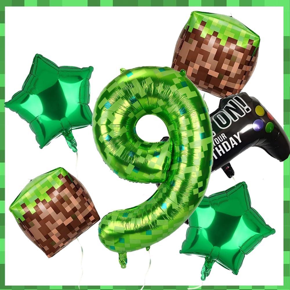 40 Inch Green Pixel Miner Number Foil Balloon Set 5Pcs Large Mylar Number Balloons for Boys Girls Pixel Cubes Video Game Birthday Party Decorations (9)