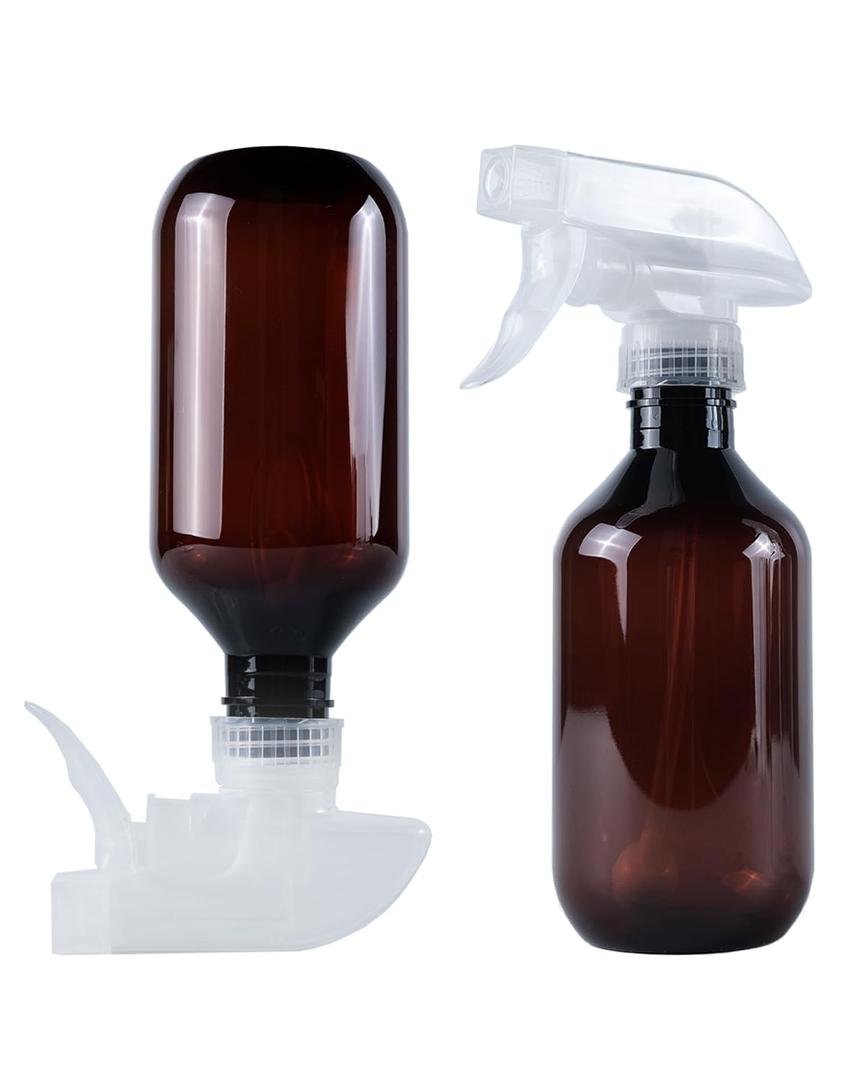 TERESRY 2 Pack 360 Spray Bottles, 10 oz Plastic Small Containers with Adjustable Spray Nozzles, Spray Bottles for Hair, Cleaning Solutions, BBQ and Plants Amber