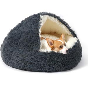 Dog Bed Round Hooded Plush Cat Cave Self Warming Pet Bed Donut Anti Anxiety Fluffy Pet Bed for Puppy and Kitty (Medium 23.6'', Dark grey)