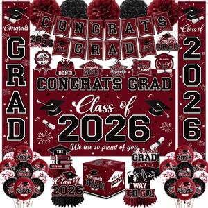 Graduation Decorations 2026 Maroon Party Decor Set with Congrats Grad Banner, Class of 2026 Backdrop, Balloons, Box & Streamers Supplies for High School & College Celebrations
