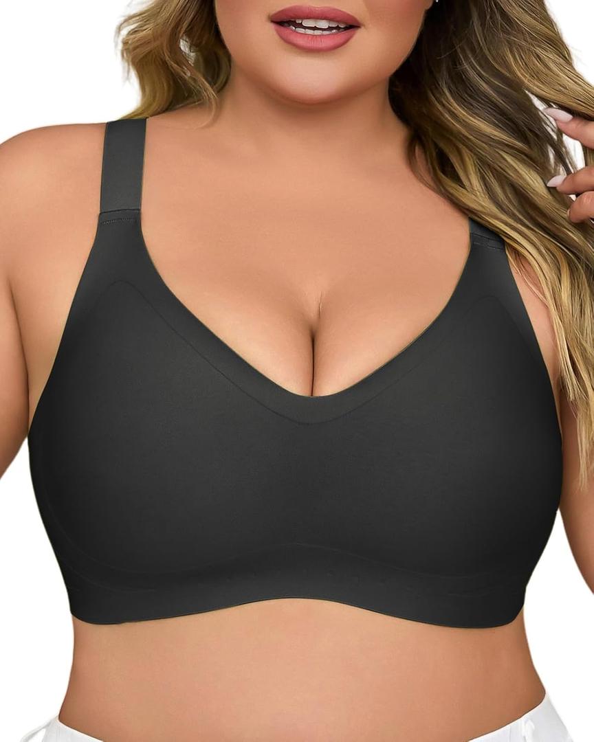 Plus Size Wireless Bras for Women V Neck Seamless Bralettes Comfort Full Coverage Bras for Women Push Up Soft Cup Everyday Sleep Bra Black 1XL (Black, XL)