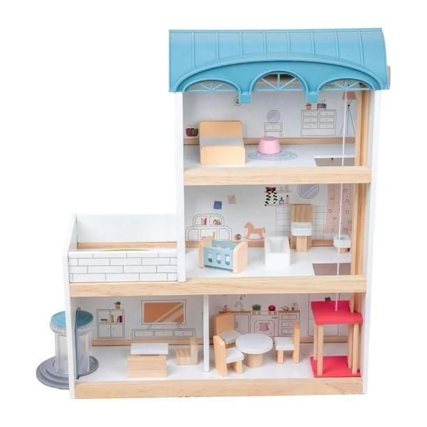 Wooden Modern Dollhouse for Girls, Blue, 7x7x10 inches, with Furniture & Accessories, DIY Dream House Gift for Kids & Toddlers