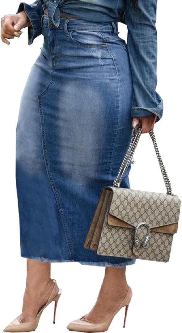 Women's Casual Slit Denim Midi Jean Skirt Stretch High Waisted Button Up Frayed with Pockets (X-Large, 2614blue)