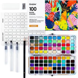 Grabie 100 Colors Watercolor Paint Set - 50 Regular, 35 Metallic, 10 Macaron and 5 Fluorescent Colors - Portable with Carrying Case, Water Brush Pens, and Accessories - For Beginners and Professionals