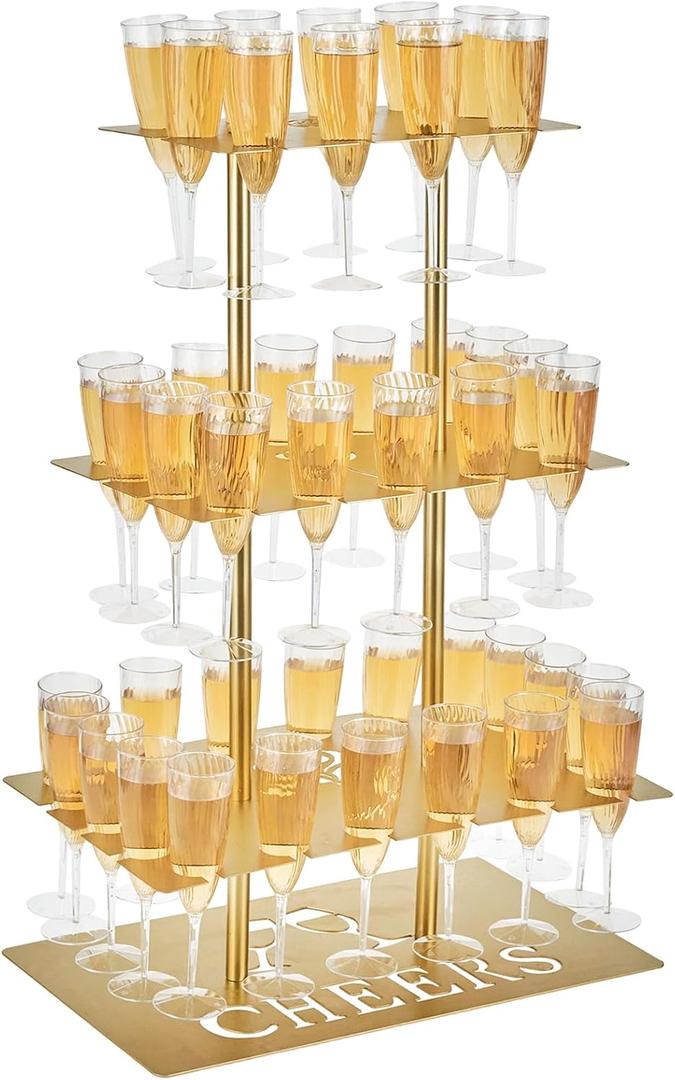 Metal Champagne Flute Holder Stand for Party 3-Tier Champagne Tower Display Holds 42 Glasses, Gold Champagne Stand Holder for Wedding, Event, Celebration (Gold, Rectangle)