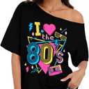 80s Shirts for Women Oversized Retro Off The Shoulder Top Disco 80s 90s Theme Party Outfit (Black, L)