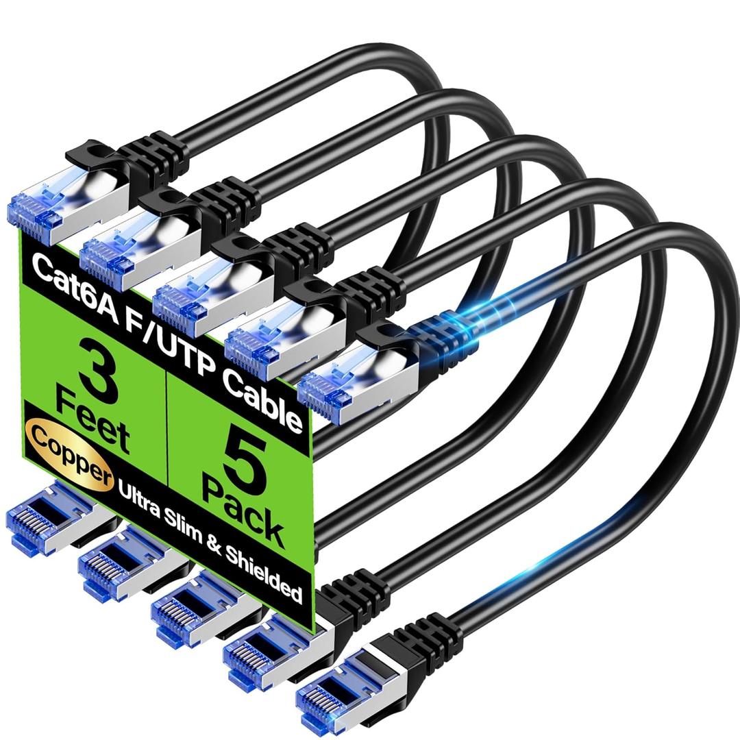 Cat6A Ethernet Cable Shielded 10Gbps 3 ft (5 Pack), Slim Shielded (F/UTP) Ethernet Cable Cat 6, Flexible 28AWG Bare Copper Cat6 Cable, Space-saving Cat 6a Network Cable for Server, Data Center, Black
