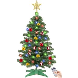 [ Remote Control & 12 Modes ] 3 Ft Christmas Tree with Timer 50 Warm White & Multi Color Lights, 15 DIY Ornaments 3D Star Topper - Artificial Small Green Christmas Tree for Home Indoor Tables - Green