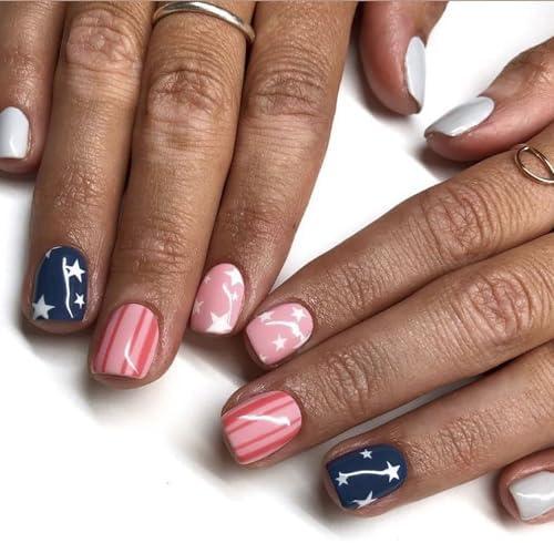 24 Pcs Independence Day Nails Short Square Press on Nails Blue Fake Nails 4th of July False Nails with Stripe and Star Designs Full Cover Glossy Glue on Nails Reusable Acrylic Nails for Women