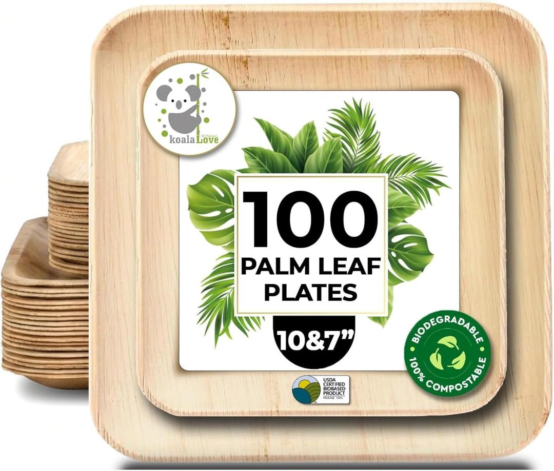 Koala love Palm Leaf Plate Bamboo Paper Plates Disposable 10 Inch & 7 Inch Bulk Party Pack Eco Compostable Biodegradable Wooden Plate Best Alternative To Plastic Paper Plates (10&7 100)