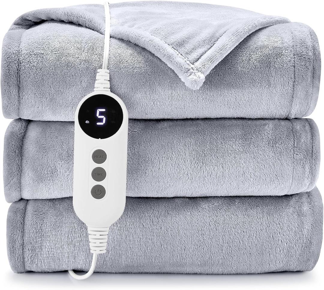 HYLEORY Heated Electric Blanket Throw, 2-Layer Cozy Warm Flannel 50" x 60", Heating Blanket with 9 Heating Levels, 2/4/6/10 Hours Auto Off, Fast Heating Winter Blanket, Light Grey