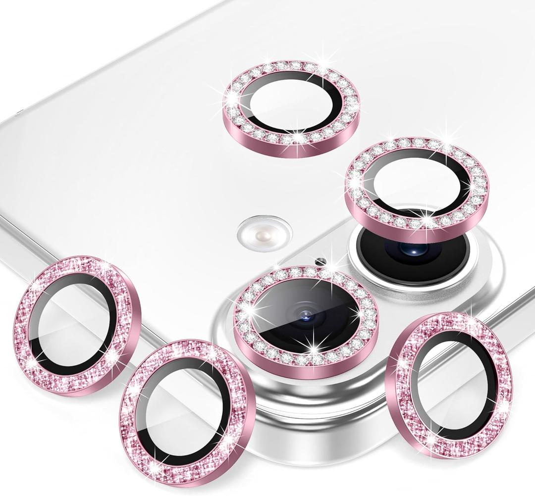 AGVEE 3+3 6 Pack for iPhone 17 6.3" Camera Lens Protector, Bling Diamond & Bling Glitter Metal Ring 9H Tempered HD Glass Camera Cover Film, Bling-Pink