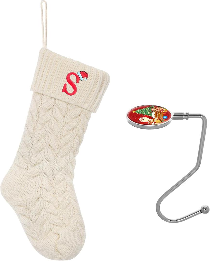 Christmas Stockings Personalized Custom Initials 18 Inches Knitted Christmas Stockings with Letter Fireplace Hanging Monogram Xmas Stockings for Kids, Family Holiday Party Decoration, White