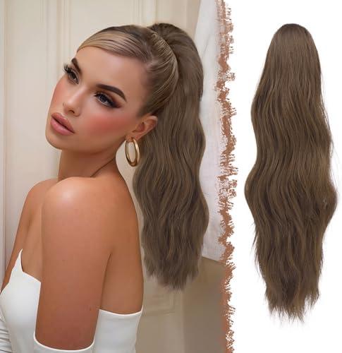 FESHFEN Ponytail Extensions, Long Claw Clip in Ponytail Hairpiece Synthetic Pony Tails Hair Piece Natural Wavy Hairpieces for Women, Multi Brown 20 inch
