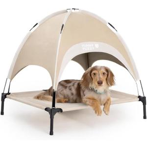 FUNNY FUZZY Elevated Cooling Dog Bed with Canopy(30"x24"x7"), Khaki, Outdoor Raised Dog Cot with Shade, Cooling Breathable Mesh Pet Bed, Portable Waterproof Dog Camping Bed for Large Medium Small Dogs