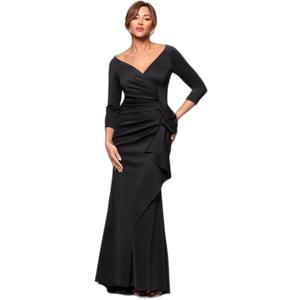 Xscape Women's Floor Length V-Neck Bodycon Evening Gown with 3/ 4 Sleeves, Rushing, & Ruffle Detail, Black, 12