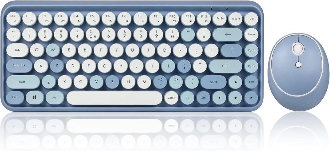 Perixx PERIDUO-713BL Wireless Mini Keyboard and Mouse Combo - Retro Round Key Caps - Pastel Blue - US English Layout (11909)