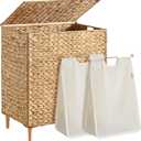 SONGMICS Laundry Hamper 2 Sections, 34.3 Gal. (130 L) Handwoven Water Hyacinth Wicker Laundry Basket with Lid, Natural Material, Removable Machine Washable Liners, Handles, Natural ULCB202Y01