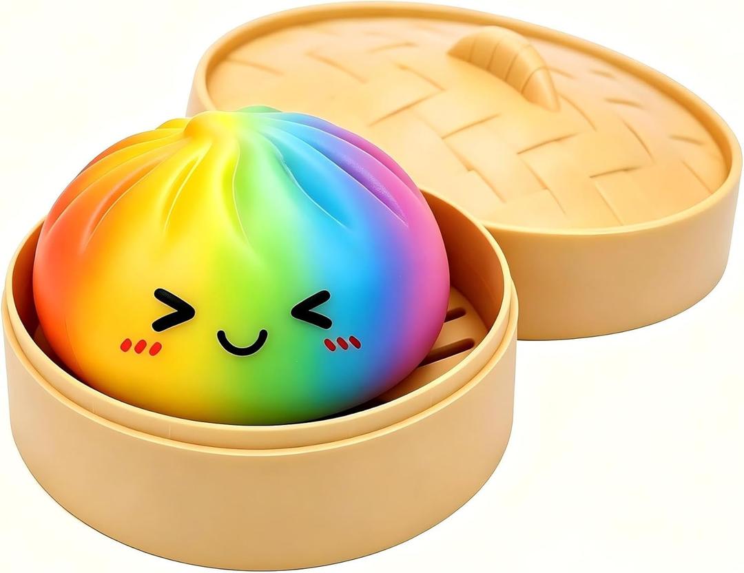 Rainbow Dumpling Squishies with Box, Colorful Mystery Squishys Dumplings Stress Relief Balls Fidget Sensory Toy,Bao Bun with Food Steamer Stretchy Desk Squeeze Toys