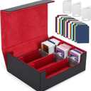 Card Deck Case for Trading Cards 1800+, MTG Card Storage Box, Leather Magnetic Closure Storage Box for Magic Commander, MTG, YuGiOh, PKM and Sports Cards (Black and Red)
