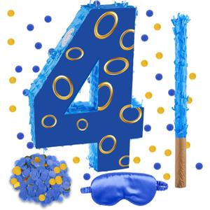 16 Inch Number 4 Double Sided Printing Blue Gold Ring Pinata with 16 Inch Piñata Stick Blindfold Confetti for Boy Girl Kids 4th Birthday Party Decorations (4th)