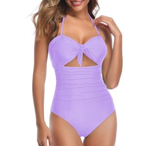 Tempt Me Women Sexy Cutout One Piece Swimsuits Tummy Control High Waisted Halter Front Tie Knot Bathing Suit (Small, Purple 2)