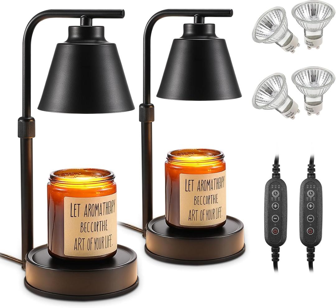 2 Pack Candle Warmer Lamp with Timer, Dimmable Candle Warmer Lamp, Adjustable Height Candle Lamp, Wax Melt Warmer for Scented Jar Candles, Bedroom Home Decor Gift (Round)