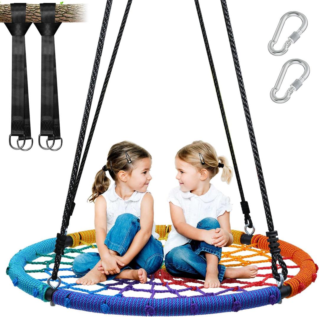 Trekassy 750lbs 40" Spider Web Saucer Tree Swing for Kids Adults, Outdoor Net Swing with Steel Frame and 2 Hanging Straps-Rainbow (Patented)