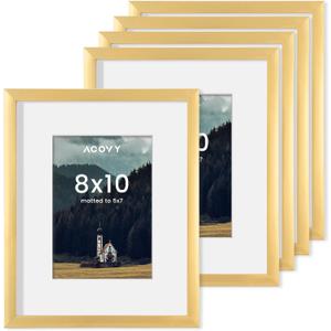 8x10 Picture Frames Set of 5, 8 x 10 Photo Frame with Mat for 5x7 or 8x10 without Mat, 8"x10" Picture Frame with HD Plexiglass, 8 by 10 Picture Frame for Wall or Tabletop Display, Gold