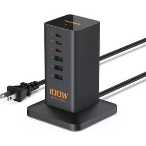 USB C Charger Blcok PD 100W, TESSAN 6-in-1 Charging Station for Multiple Devices, Desktop Tower Charger with 6 USB Ports for iPhone 17/16/15, MacBook, Tablet, Office Home Dorm Room Accessories