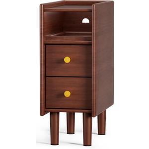 Narrow Nightstand with 2 Drawers - Solid Wood Narrow Side Table with Open Shelf for Small Spaces, Couch, Bedroom, Living, Office - Small Bedside Table, End Tables (Walnut, 7.87 inch), 7.87"W x 15.6"D x 19.9"H