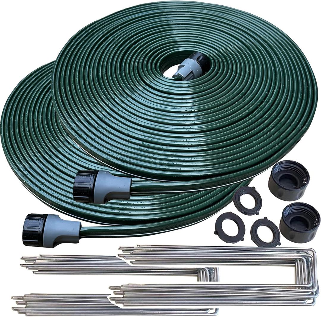 Watoo 2026 Sprinkler Hose & Soaker Hose for Yard - 150 FT Reinforced Flat Garden Hose with Holes, Heavy Duty No-Kink Lawn Irrigation Hose (Includes Stakes, High Pressure Spray)