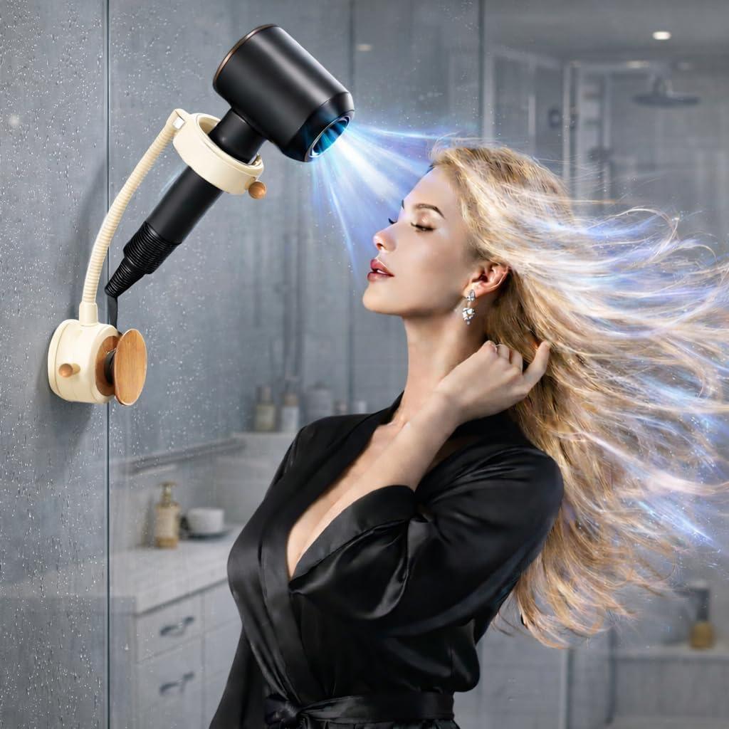 Hands Free Hair Dryer Holder Wall Mounted with Suction Cup, No Drill Installation for Damage-Free Walls, 360 Adjustable Blow Dryer Holder Fits Most Hair Dryers for Bathroom Organization 1Pack(Cream)