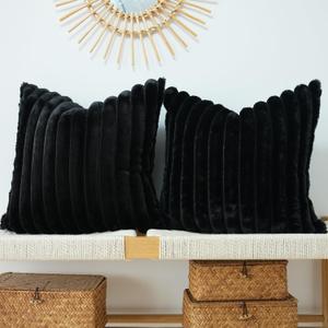 JOJUSIS Pack of 2 Faux Fur Plush Decorative Throw Pillow Covers Couch Cushion Case Soft Pillowcases (Black, 24 x 24-Inch)